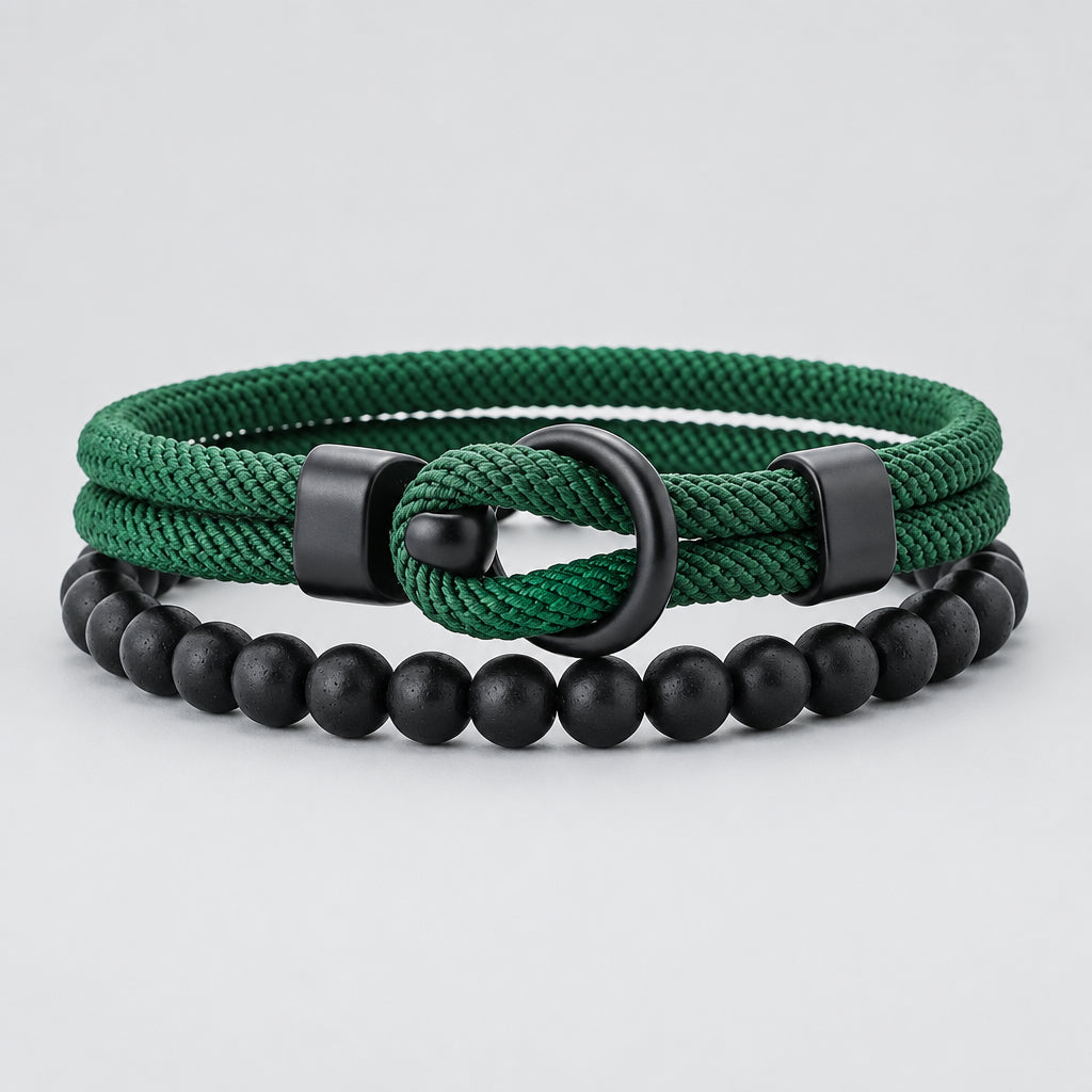 Two bracelets, one green rope-style and one black beaded, on a white background