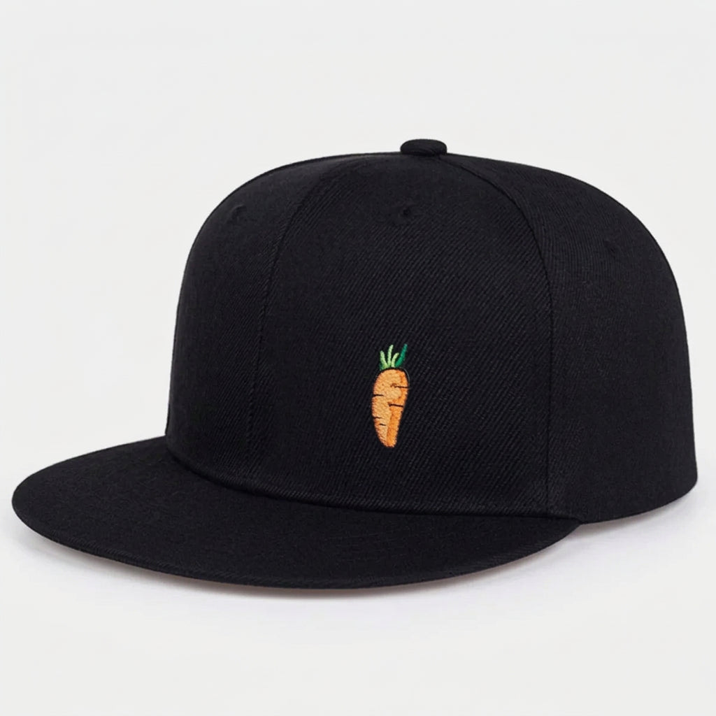 Carrot Embroidered Cap – Black, Flat Brim