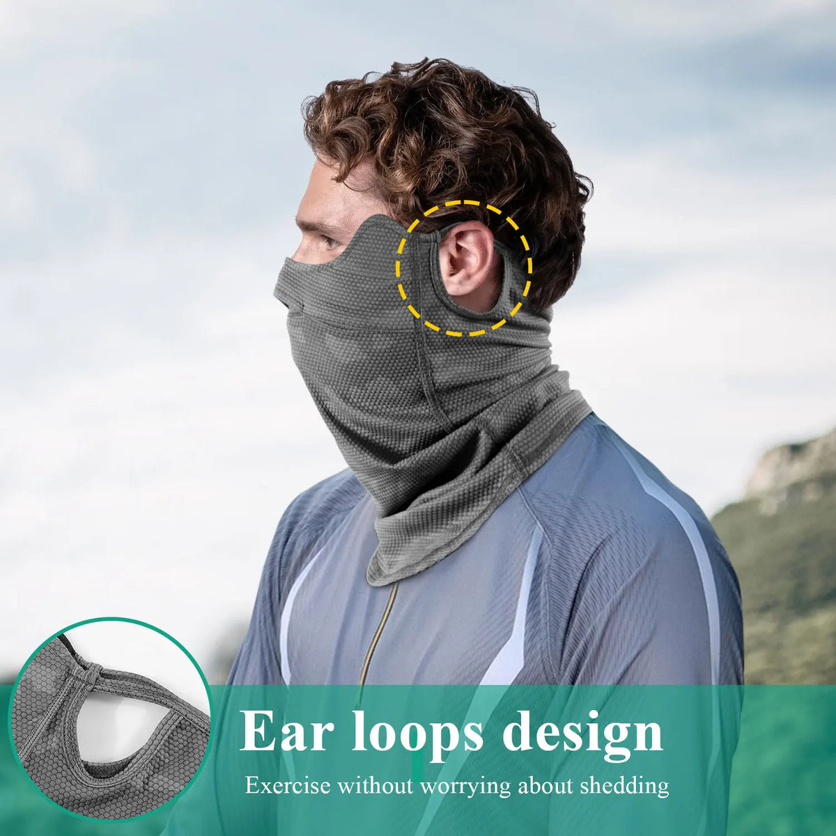 Person wearing a gray face mask with ear loops design, set against a natural background.