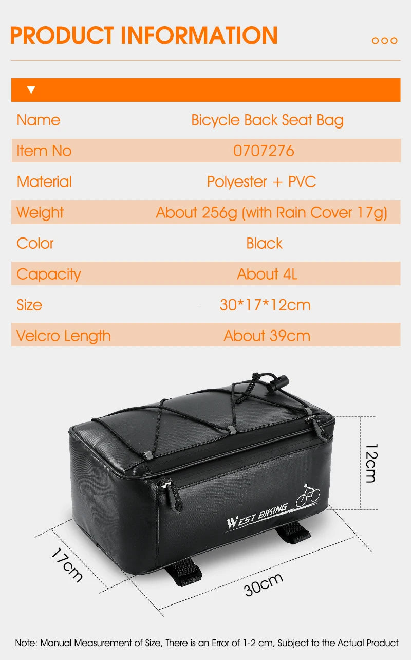 Bike Rear Rack Bag – West Biking 4L, Black, Rain Cover