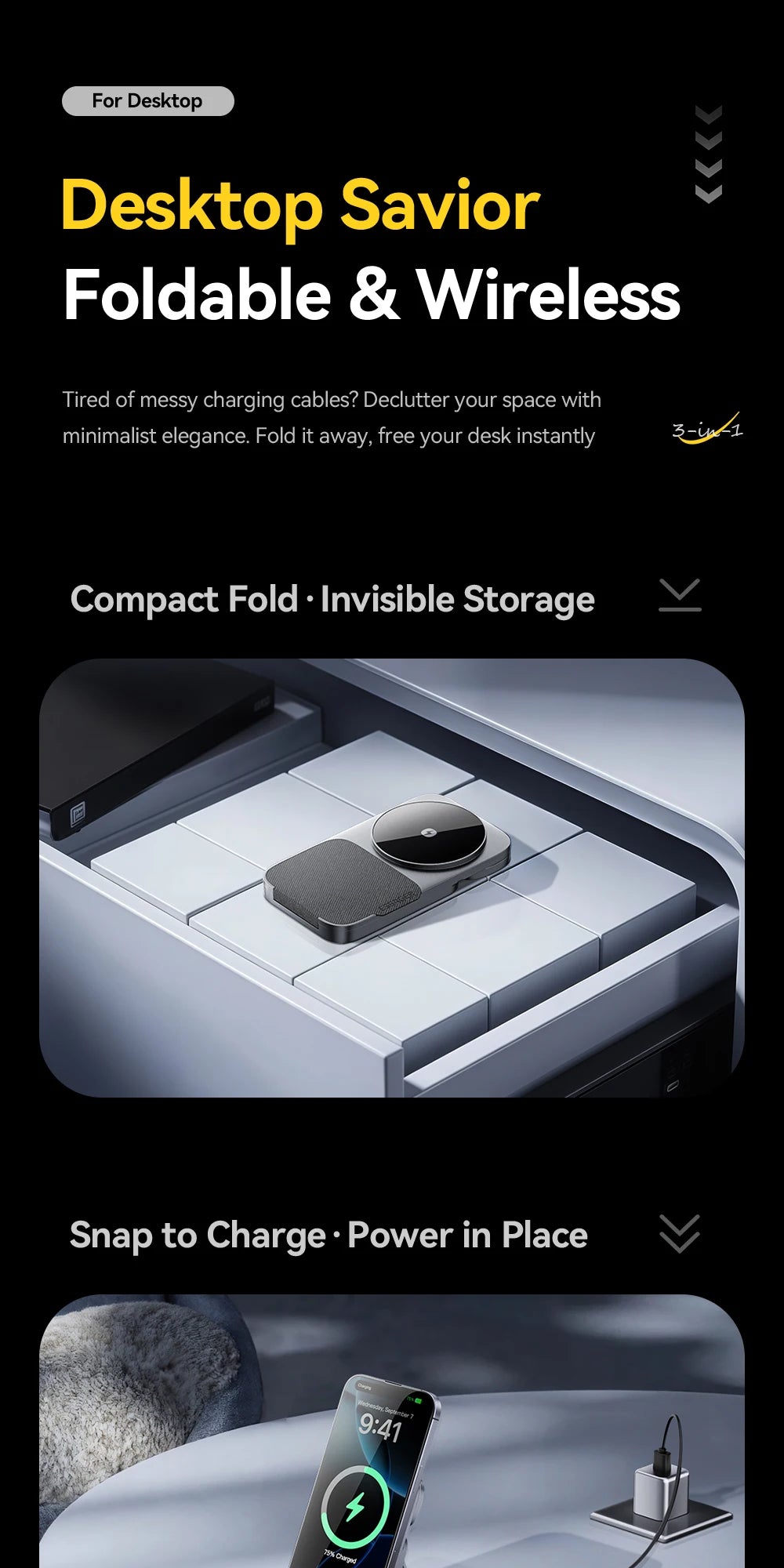 3-in-1 Magnetic Wireless Charging Stand – Foldable, Grey