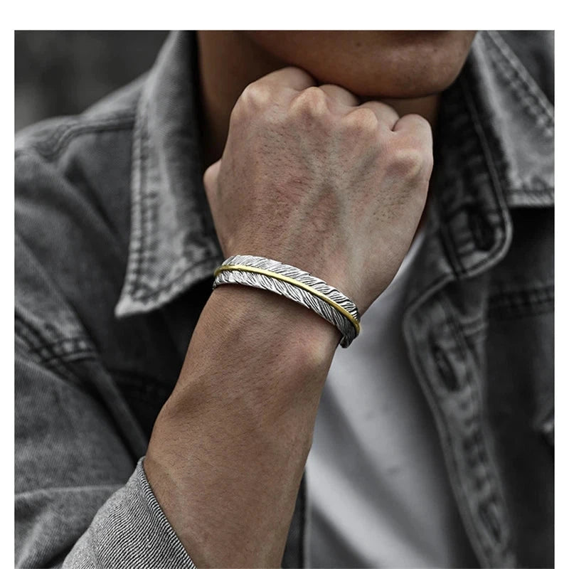 Wild Spirit Feather Cuff Adjustable Silver Bracelet for Men deideas