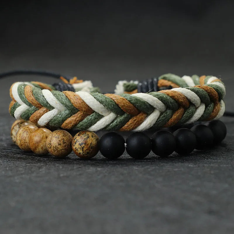 Noter New 2Pcs/Set Men Bracelet Handmade Weaven Adjustable Cord Chain Braslet 8mm Natural Lava Tiger Eyes Stone Braclet Homme deideas