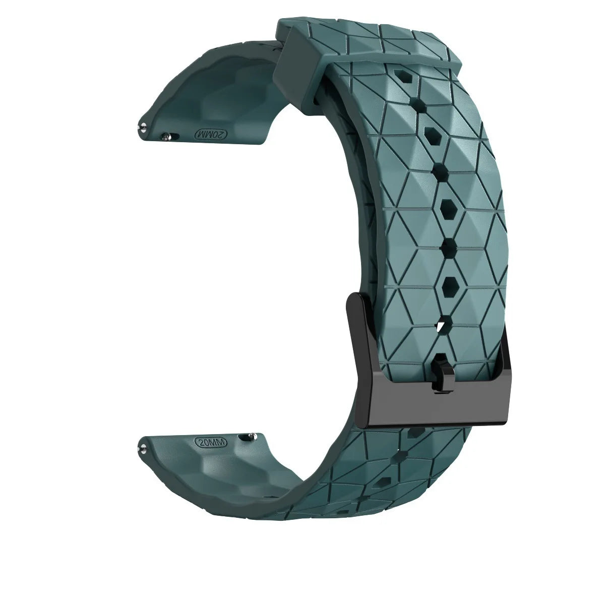 Teal silicone band shown open with geometric texture, buckle and adjustment holes.