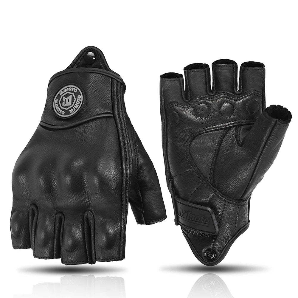 Pair of black leather gloves with half-finger design on a white background