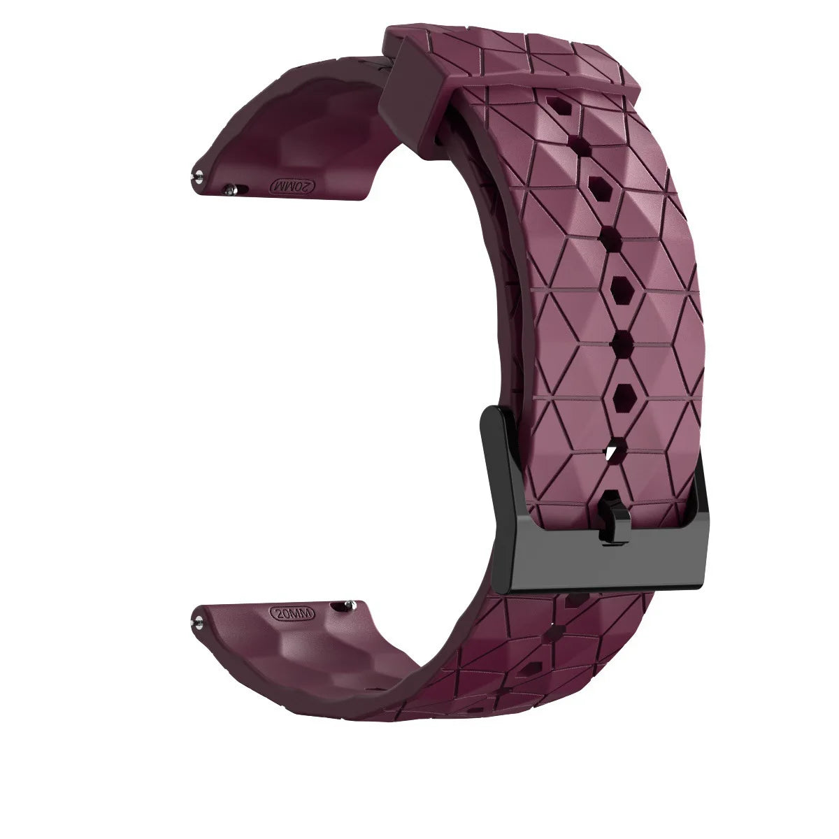 Wine red silicone band shown open with geometric texture and a dark buckle.