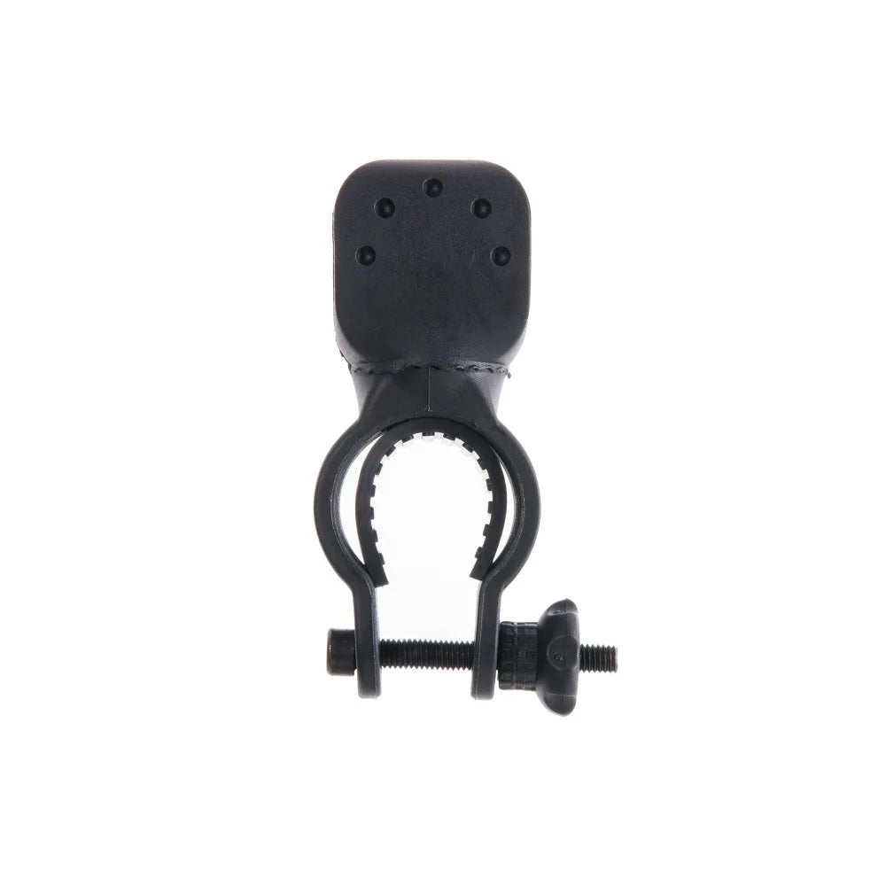 A black bicycle lamp bracket designed to mount on the handlebar of a bicycle.