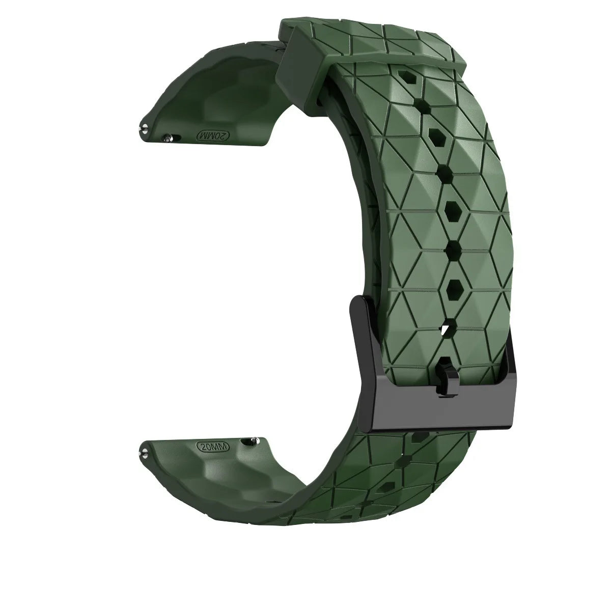 Army green silicone band shown open with geometric texture and a dark buckle.