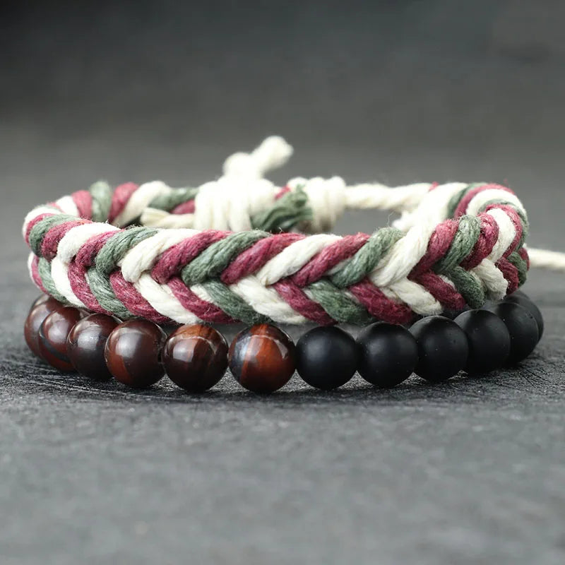Noter New 2Pcs/Set Men Bracelet Handmade Weaven Adjustable Cord Chain Braslet 8mm Natural Lava Tiger Eyes Stone Braclet Homme deideas