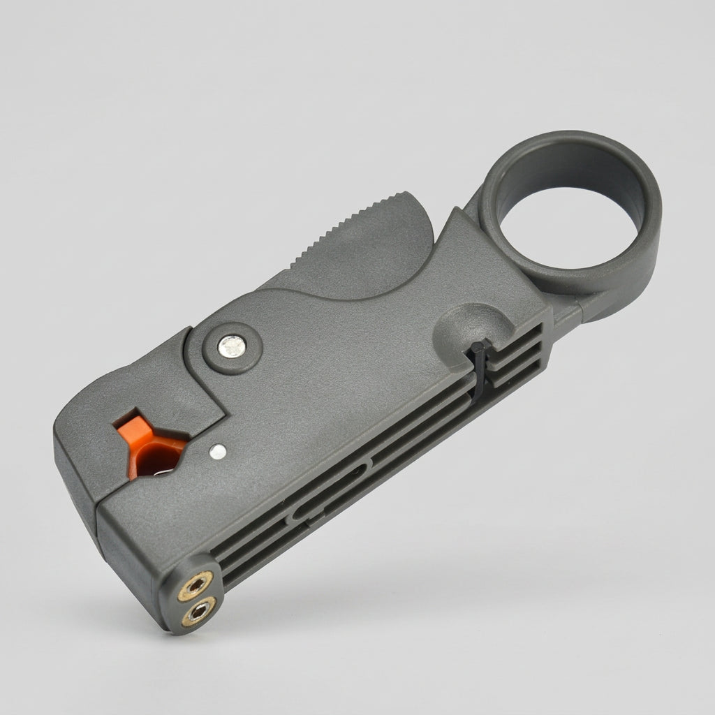 Gray cable stripper with brand 'omay' on a white background