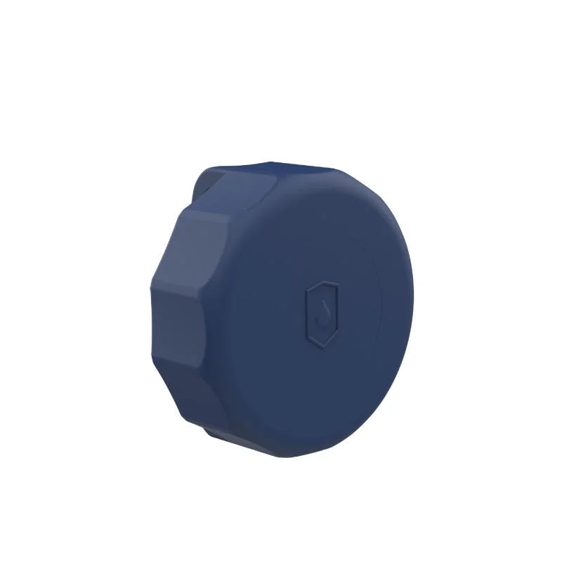 A protective and waterproof case for an Apple AirTag, displayed in disassembled parts, including a clear body with color speckles, a black anti-loss support, and a blue transport bag.