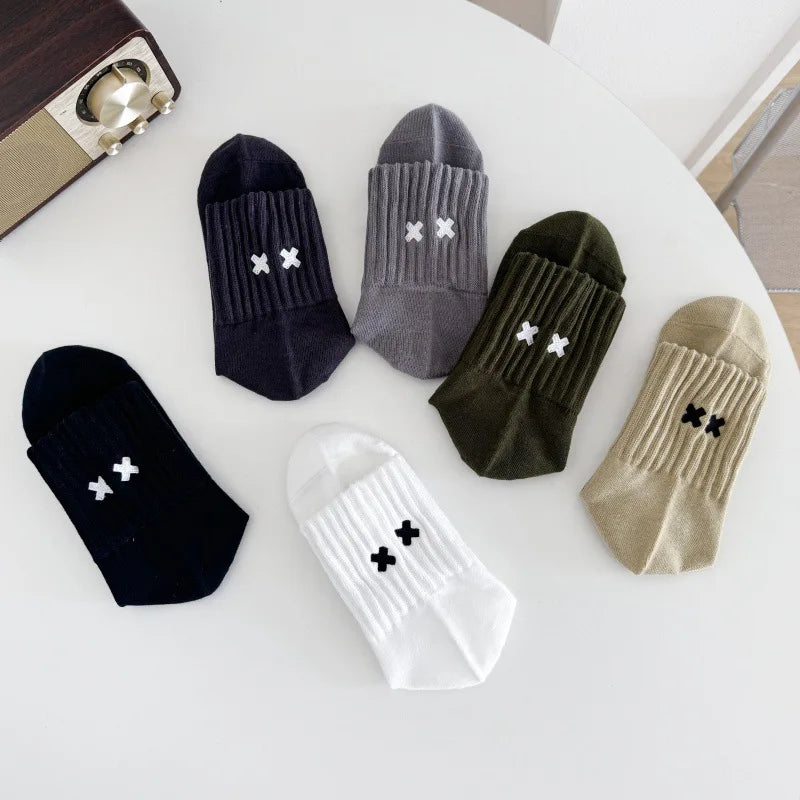 Embroidered Cross Crew Socks – Ribbed Cuffs, 4 Colors