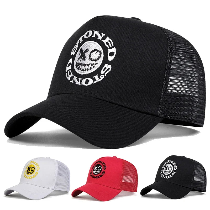 Smiley Face Embroidery Baseball Cap Mesh Trucker, Adjustable, Unisex