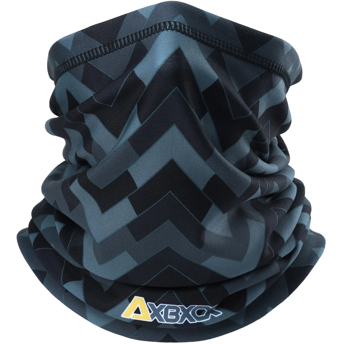 Neck gaiter with black and gray chevron pattern on a white background