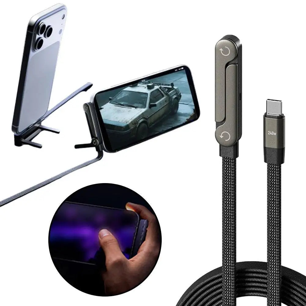 240W Fast Charging Cable + Foldable Phone Stand - USB-C & USB-A 2-in-1