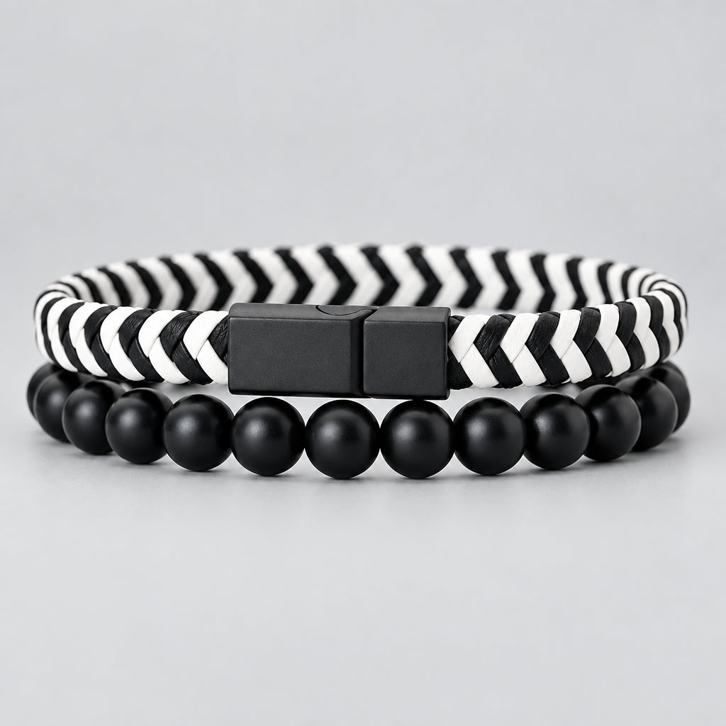 Noter 2Pcs Bracelets Exclusifs Pour Hommes 8mm Onyx Stone Strand Braclet Handmade Weaven Leather Braslet Perfect Gift For Him deideas