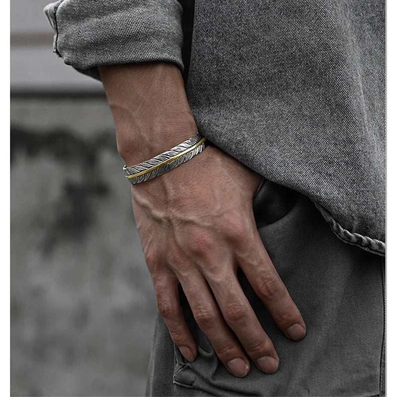 Wild Spirit Feather Cuff Adjustable Silver Bracelet for Men deideas