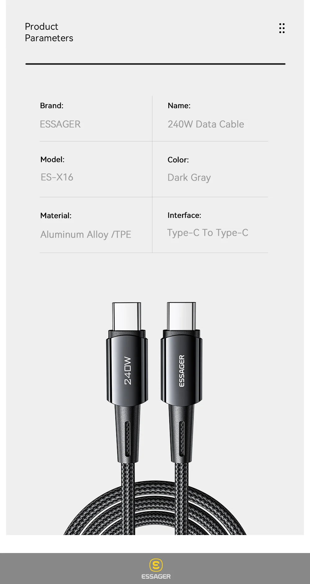 USB-C to USB-C Braided Cable – 1 or 2 m, Dark Grey