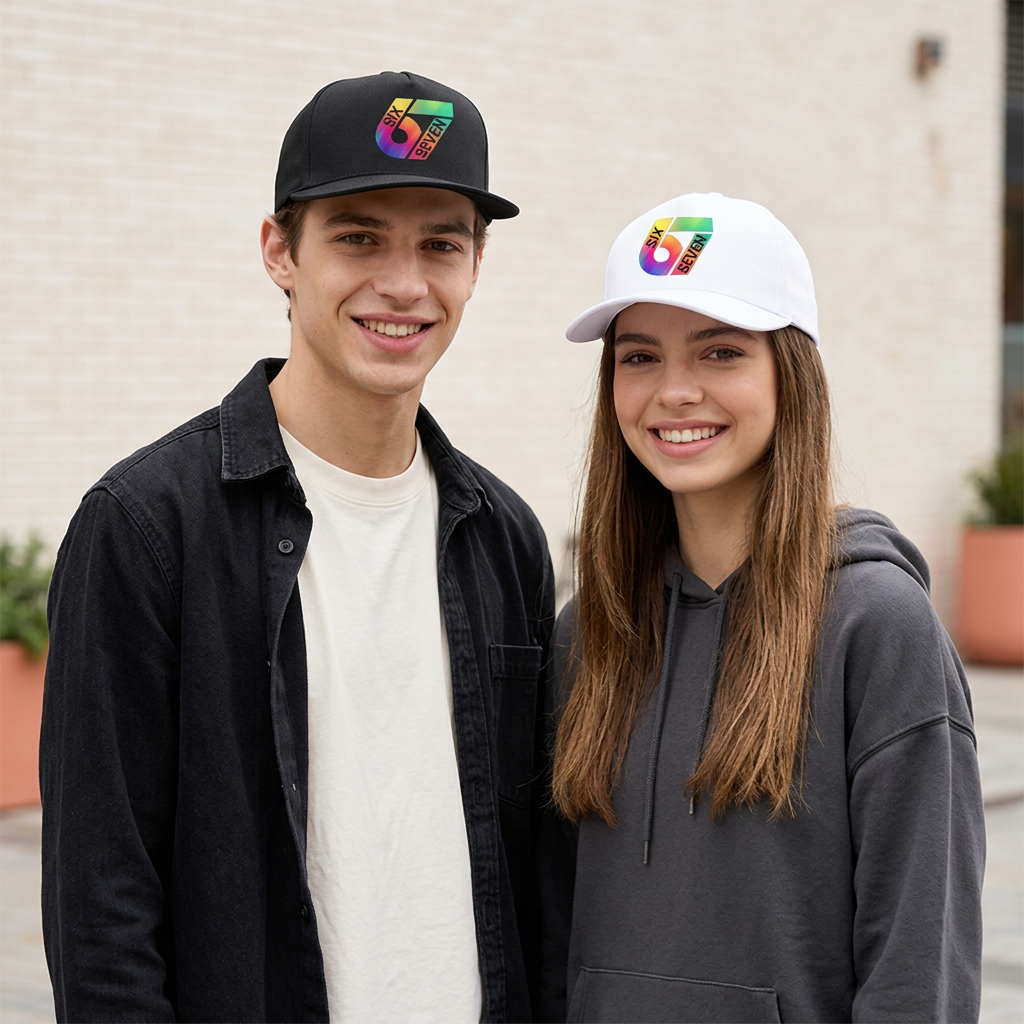 Dos amigos con gorras 67 en una plaza