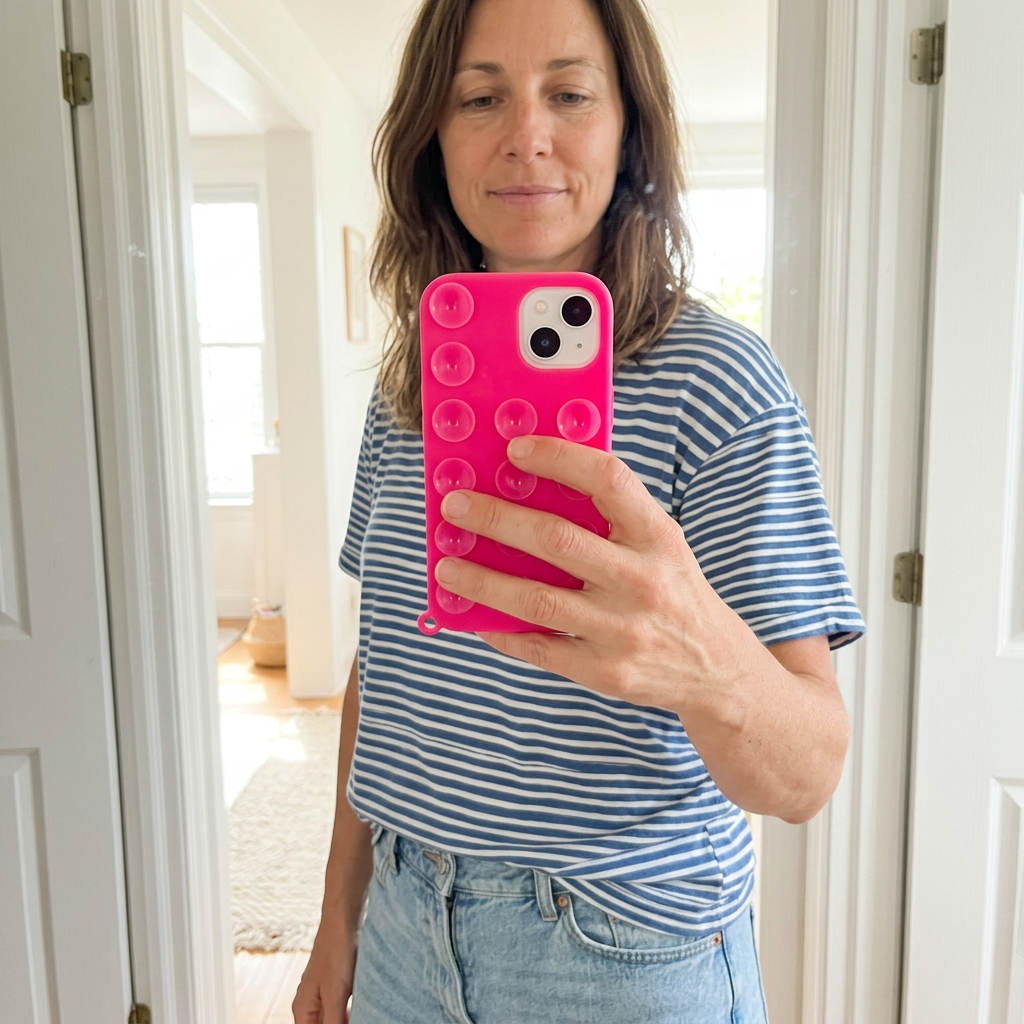 Funda rosa con ventosas durante una selfie frente al espejo