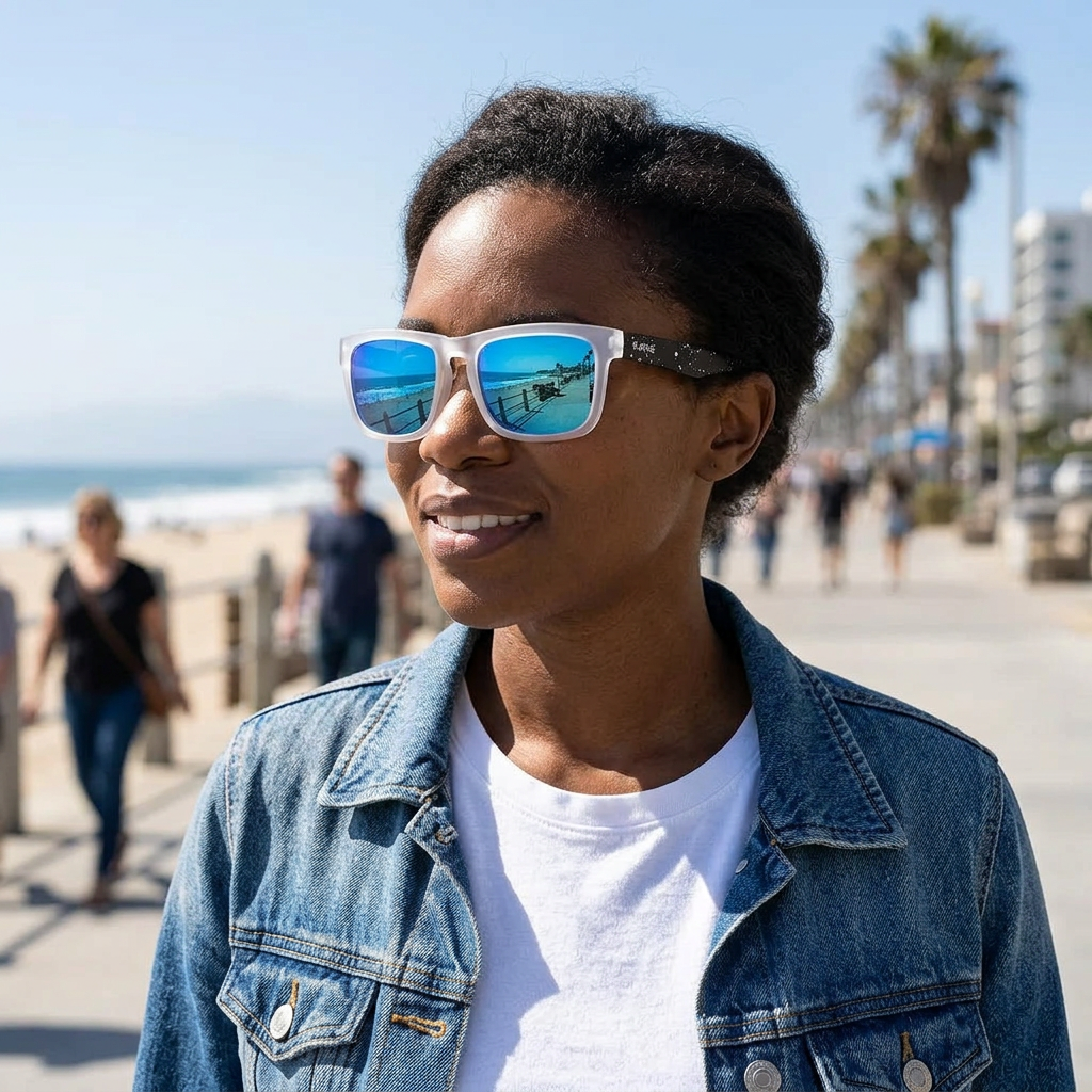 Gafas rectangulares de lentes azules en un paseo costero