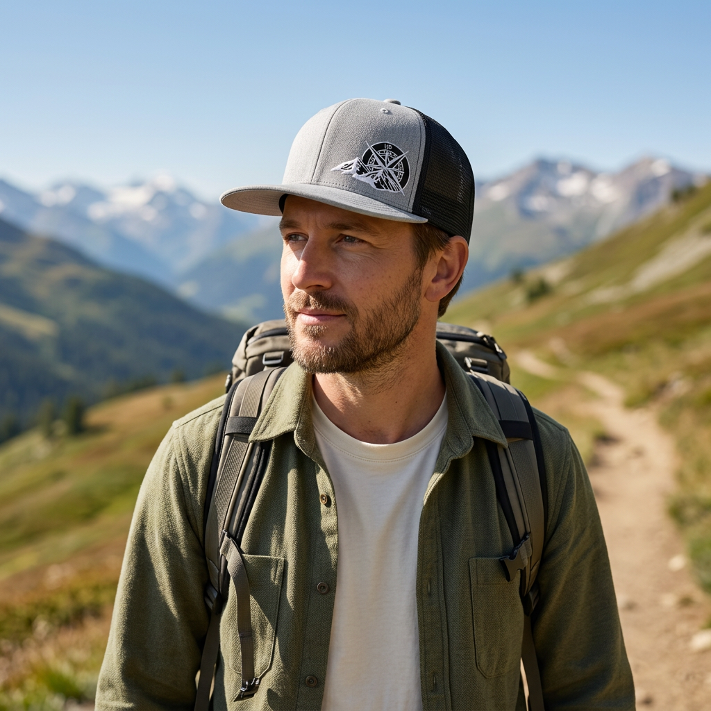Gorra gris con brújula y montañas durante una caminata