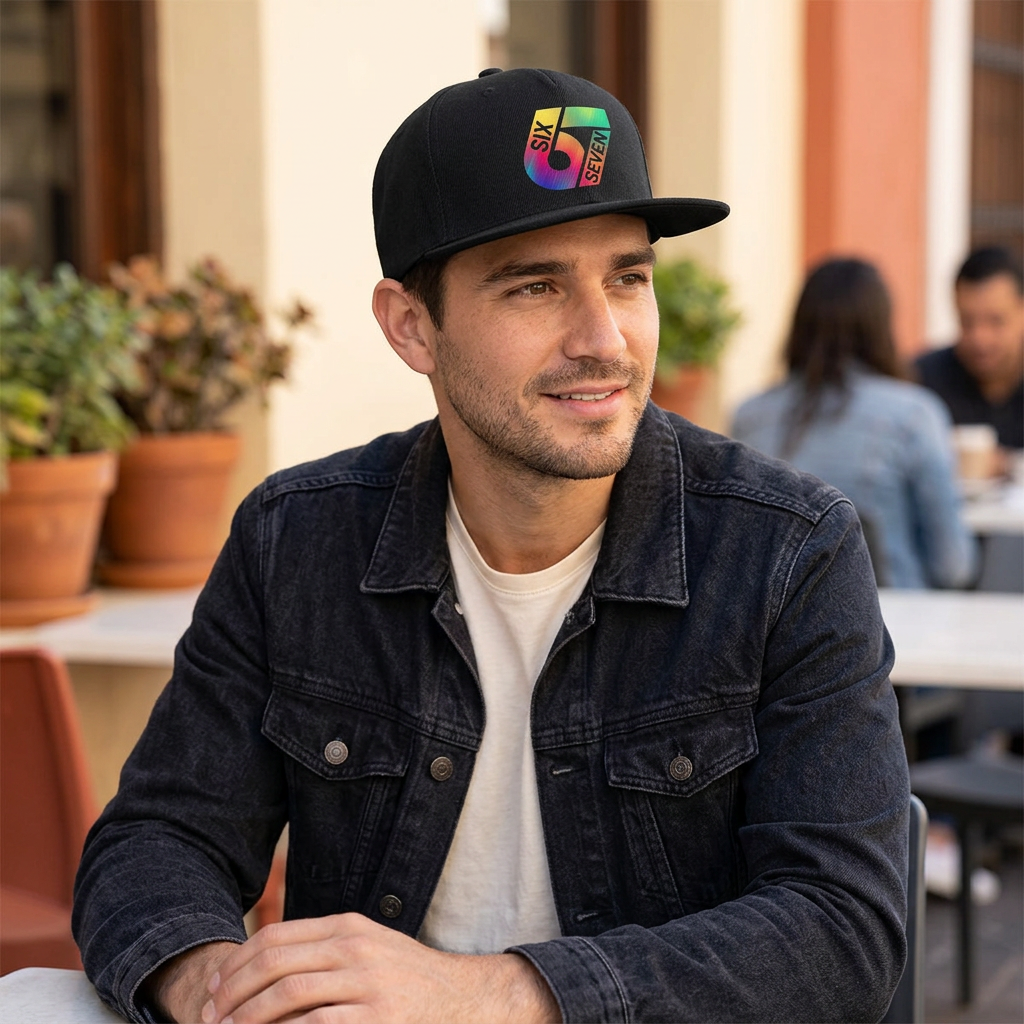 Gorra negra 67 en una terraza