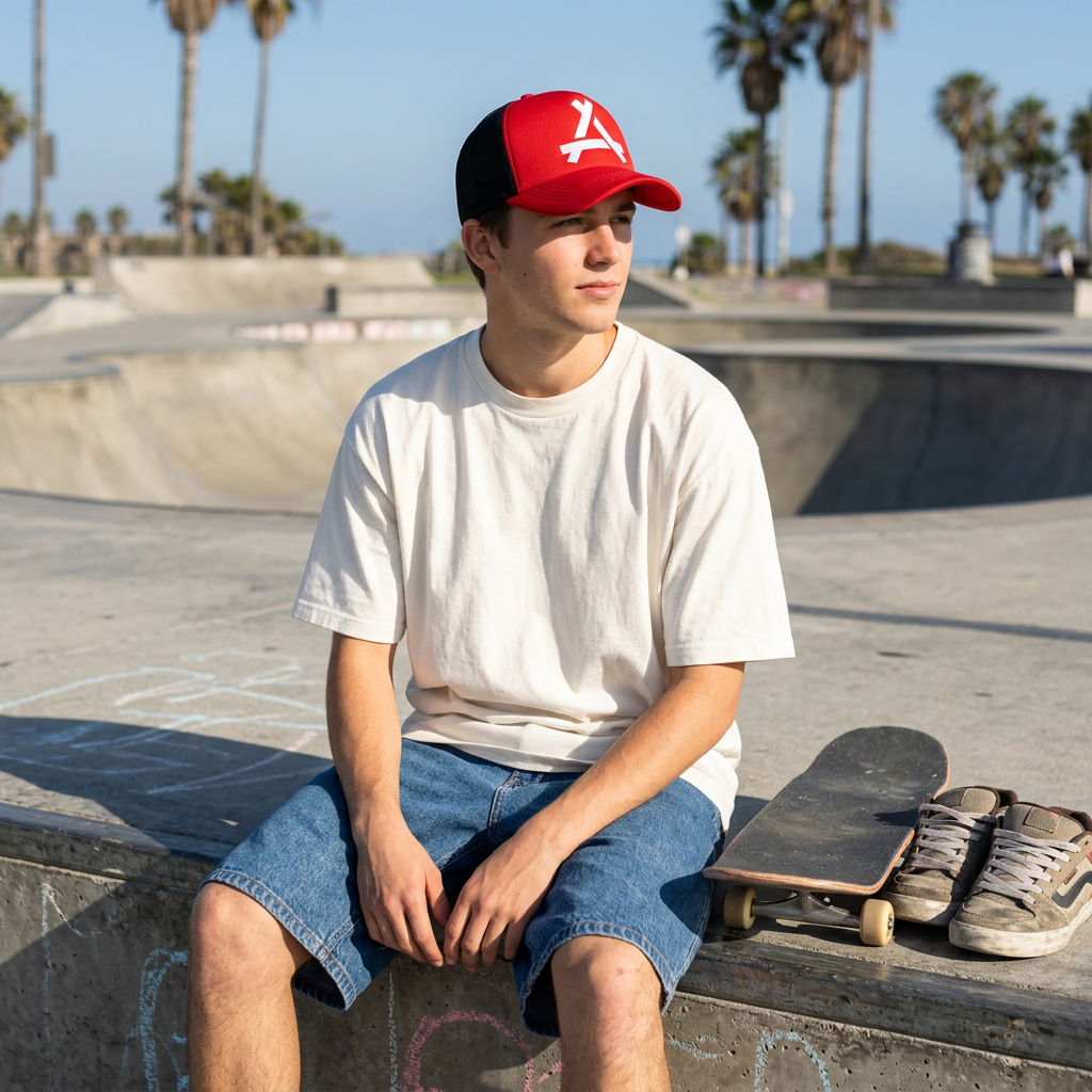 Gorra roja de malla negra en un look juvenil de skate