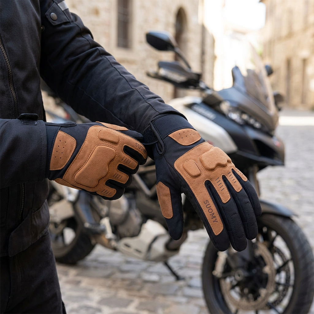 Guantes de conducción al ajustar la correa