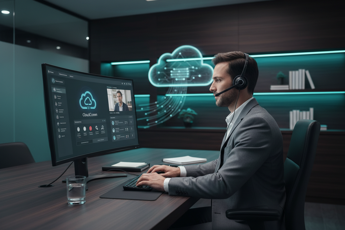 Business Professional on VoIP Call with Headset