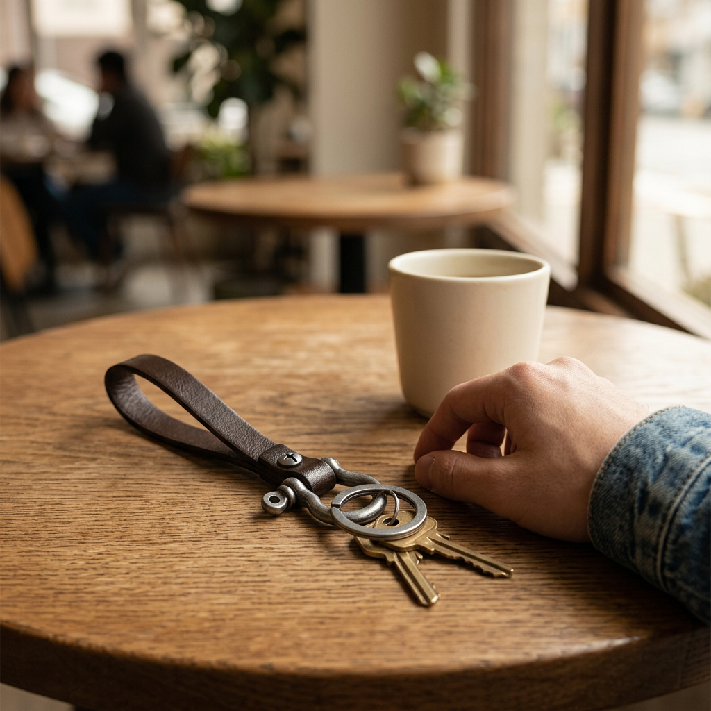 Llavero de cuero sobre una mesa de café