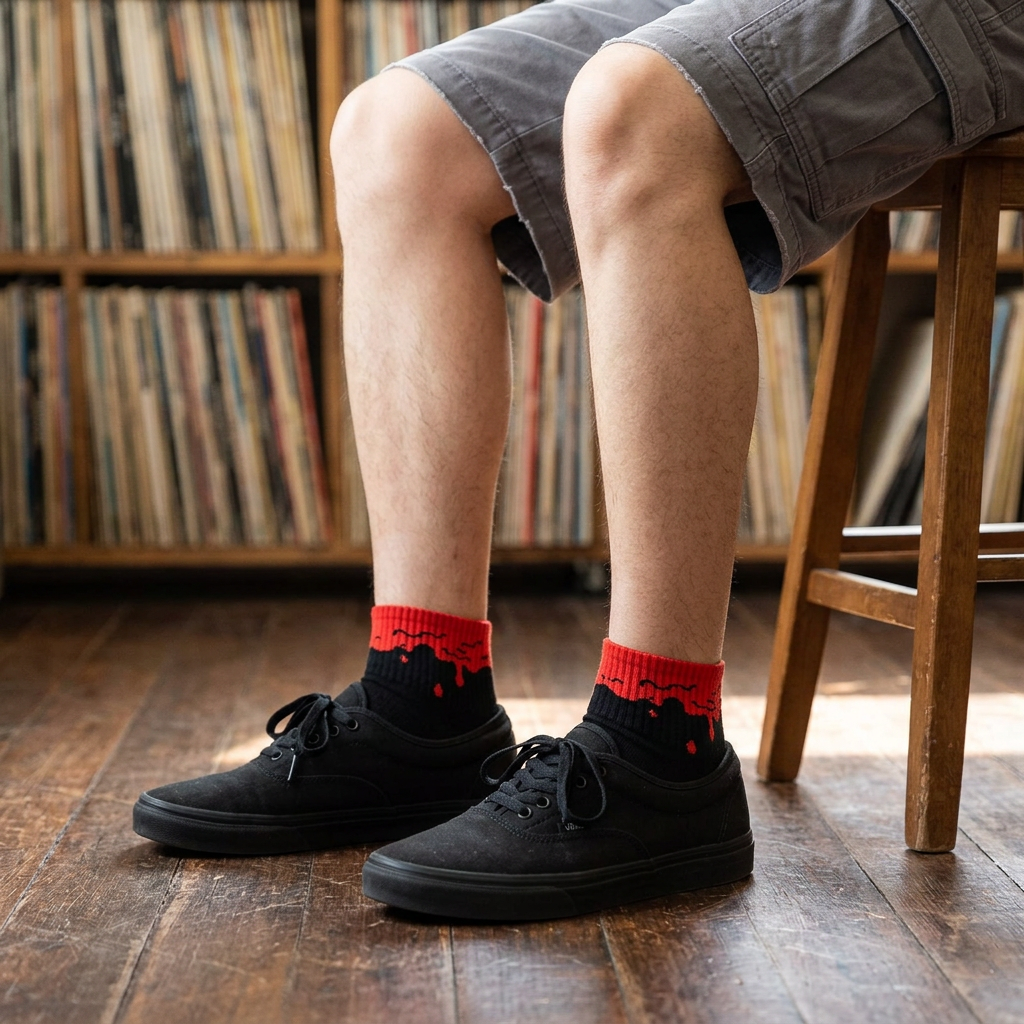 Medias tobilleras rojas y negras en un espacio musical