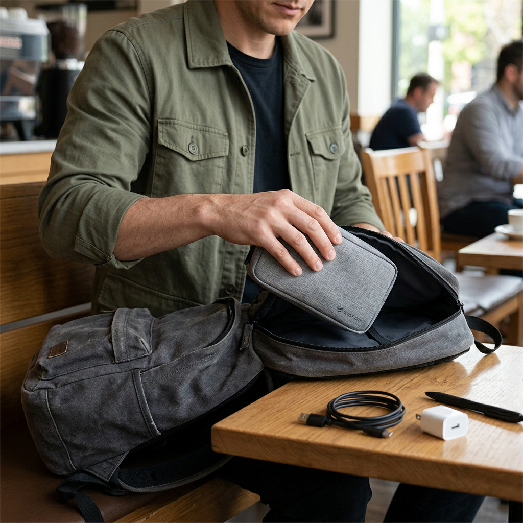 Organizador tecnológico gris al guardar una mochila