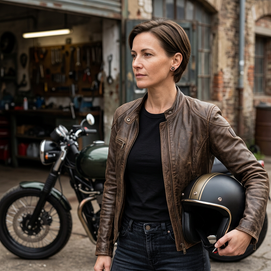 Pendiente de engranaje en un look femenino café racer