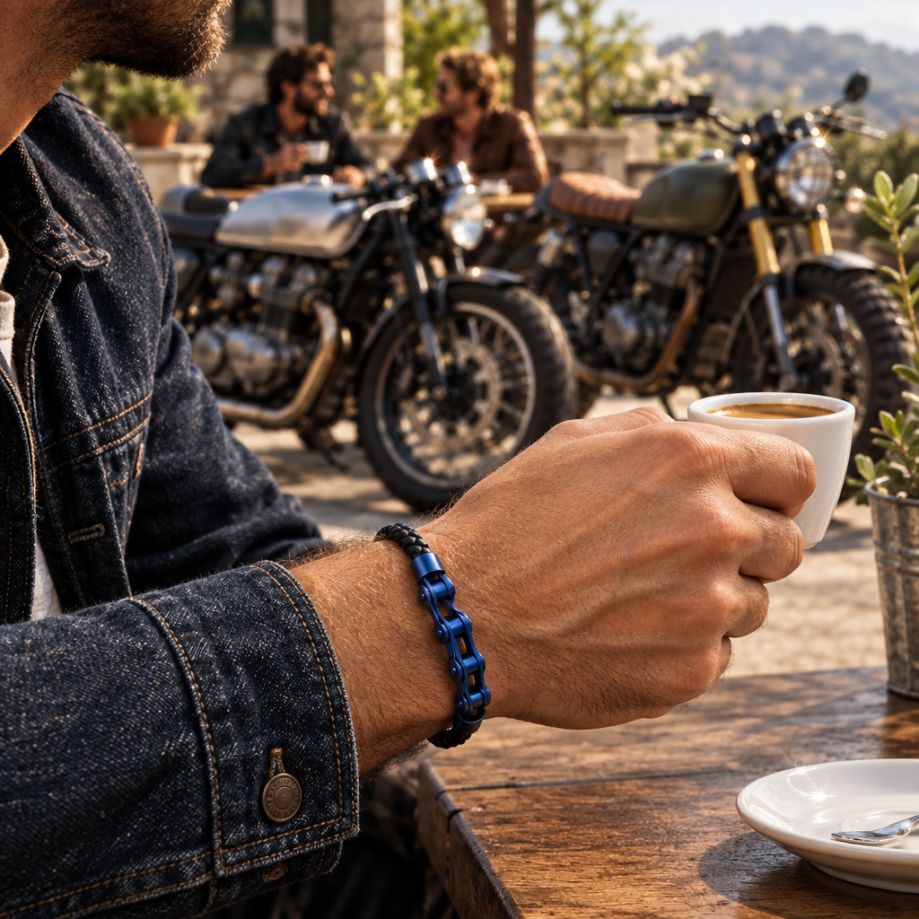 Pulsera biker en un encuentro de amantes de café racer y scrambler