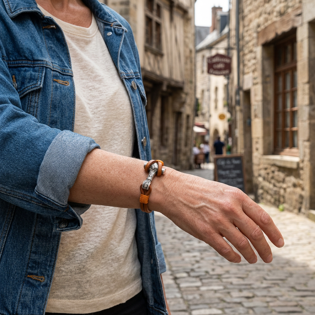 Pulsera con martillo de Thor combinada con denim