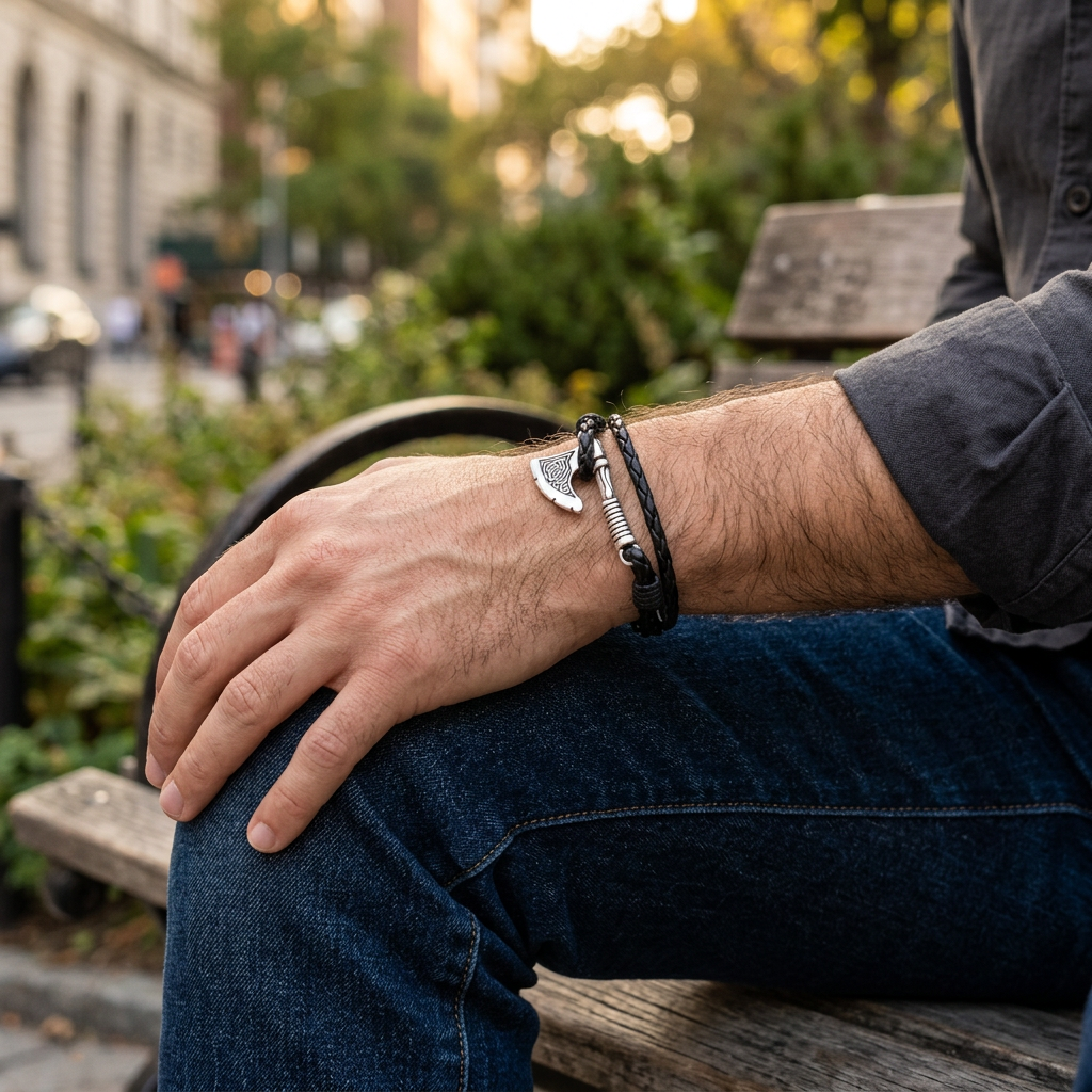 Pulsera de cuero con hacha en un descanso urbano