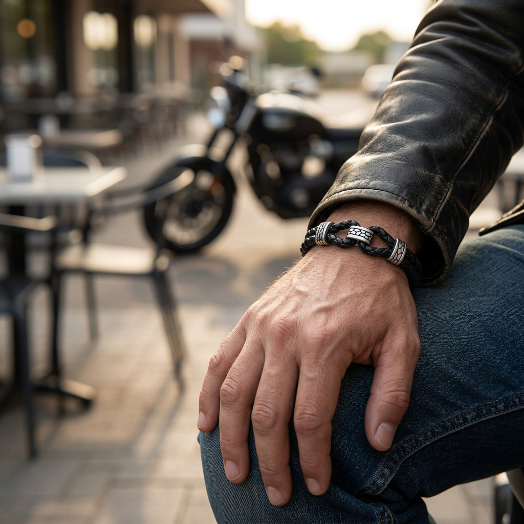 Pulsera de cuero en un descanso de motociclista