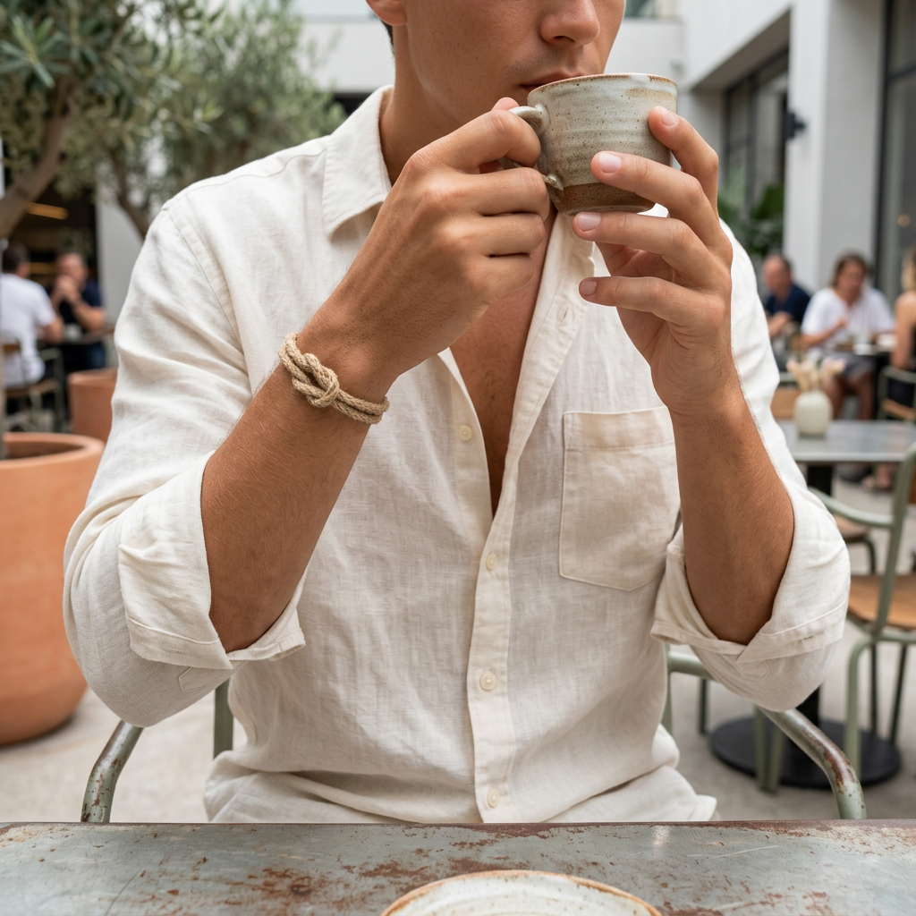 Pulsera de yute con nudo central durante un café