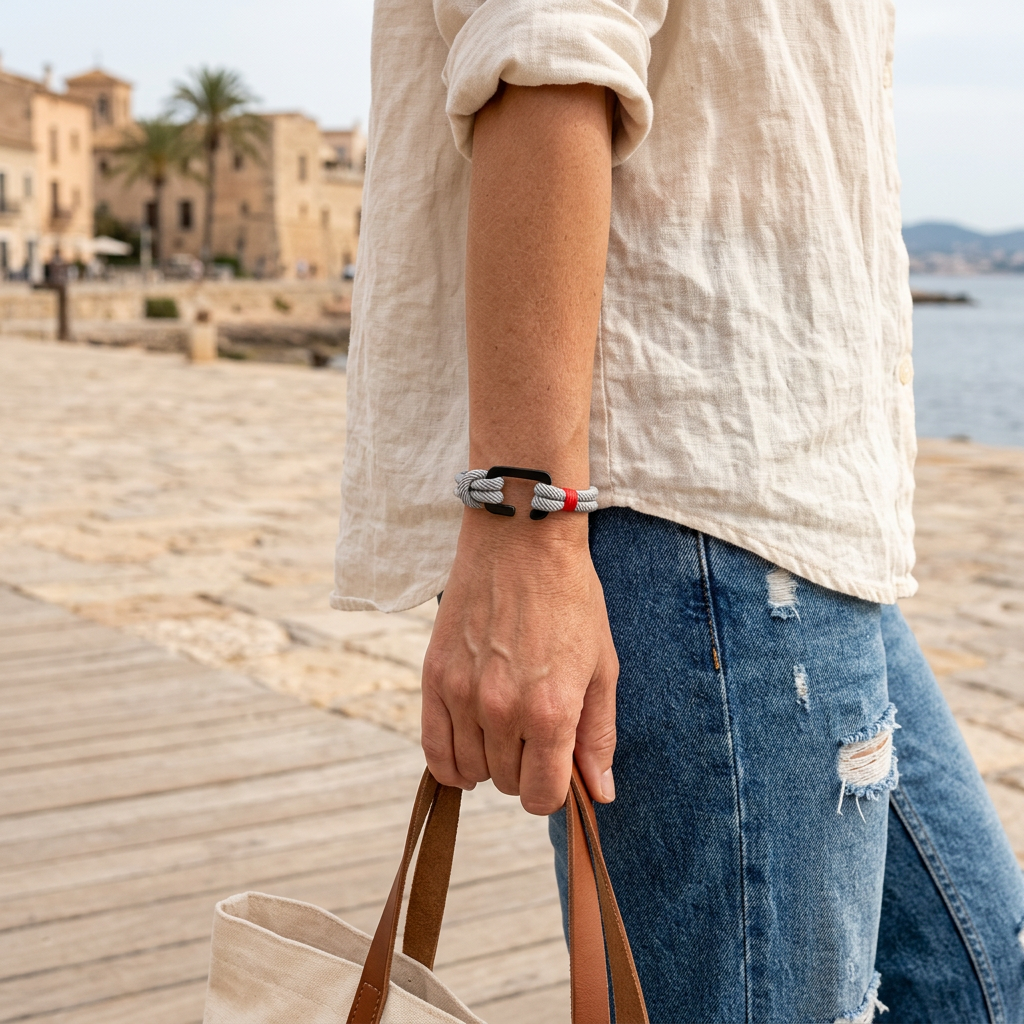 Pulsera gris con detalle rojo en un look casual costero