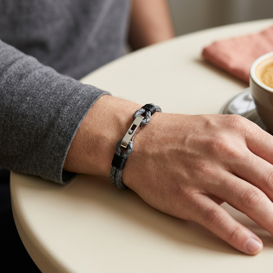 Pulsera gris de doble cordón en una muñeca, estilo cotidiano