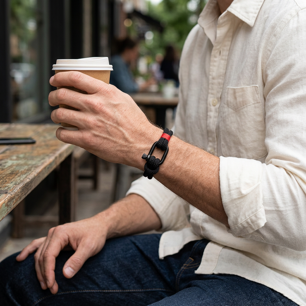 Pulsera negra con detalle rojo durante un café