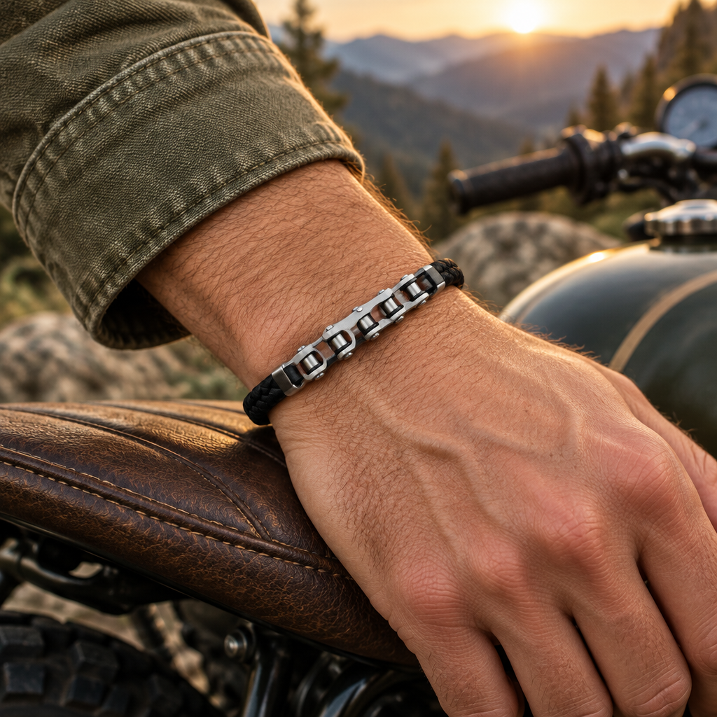 Pulsera plateada y negra junto a una scrambler
