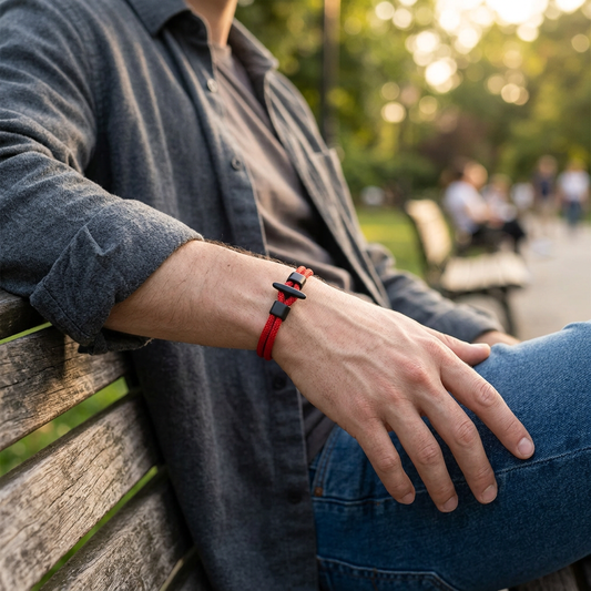 Pulsera roja de doble cordón en el parque