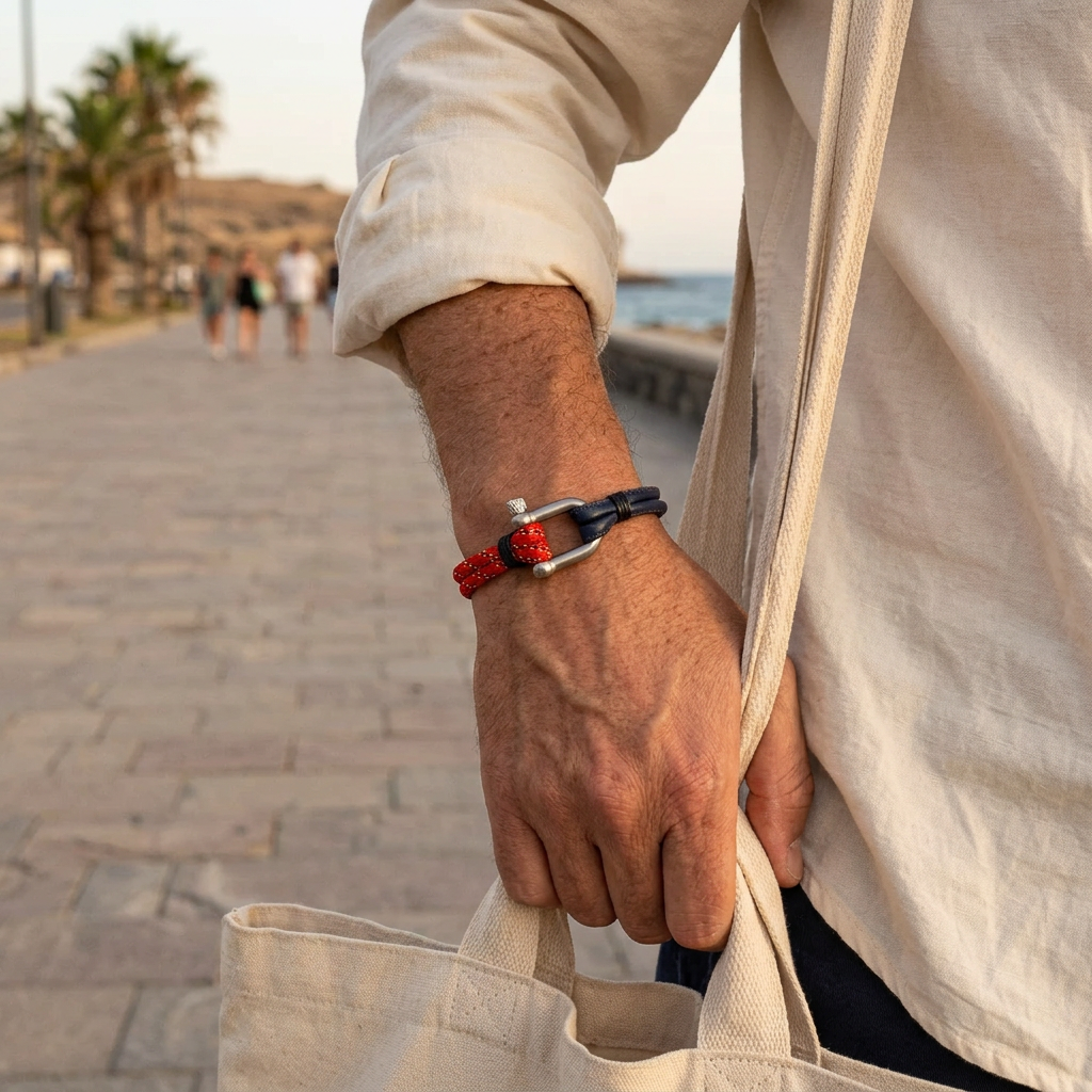 Pulsera roja y azul marino durante un paseo