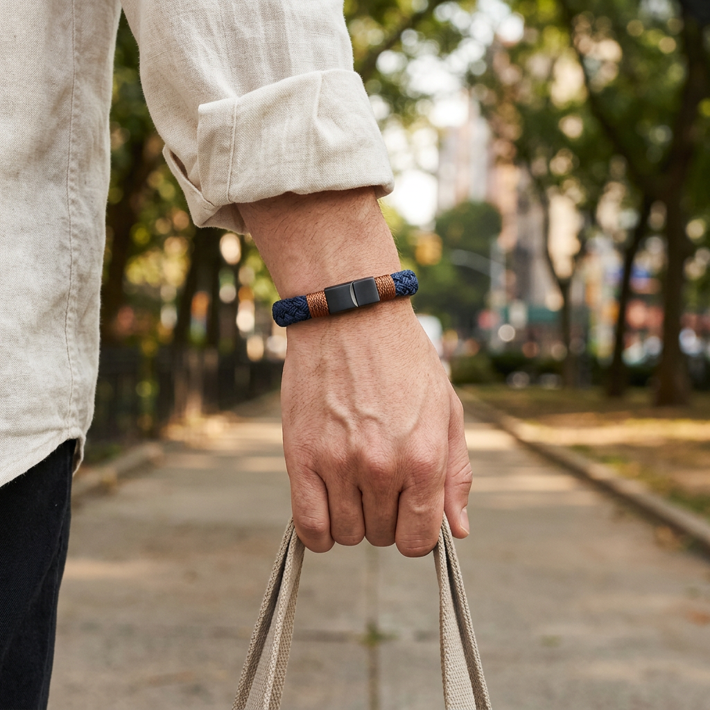 Pulsera trenzada azul marino durante un paseo