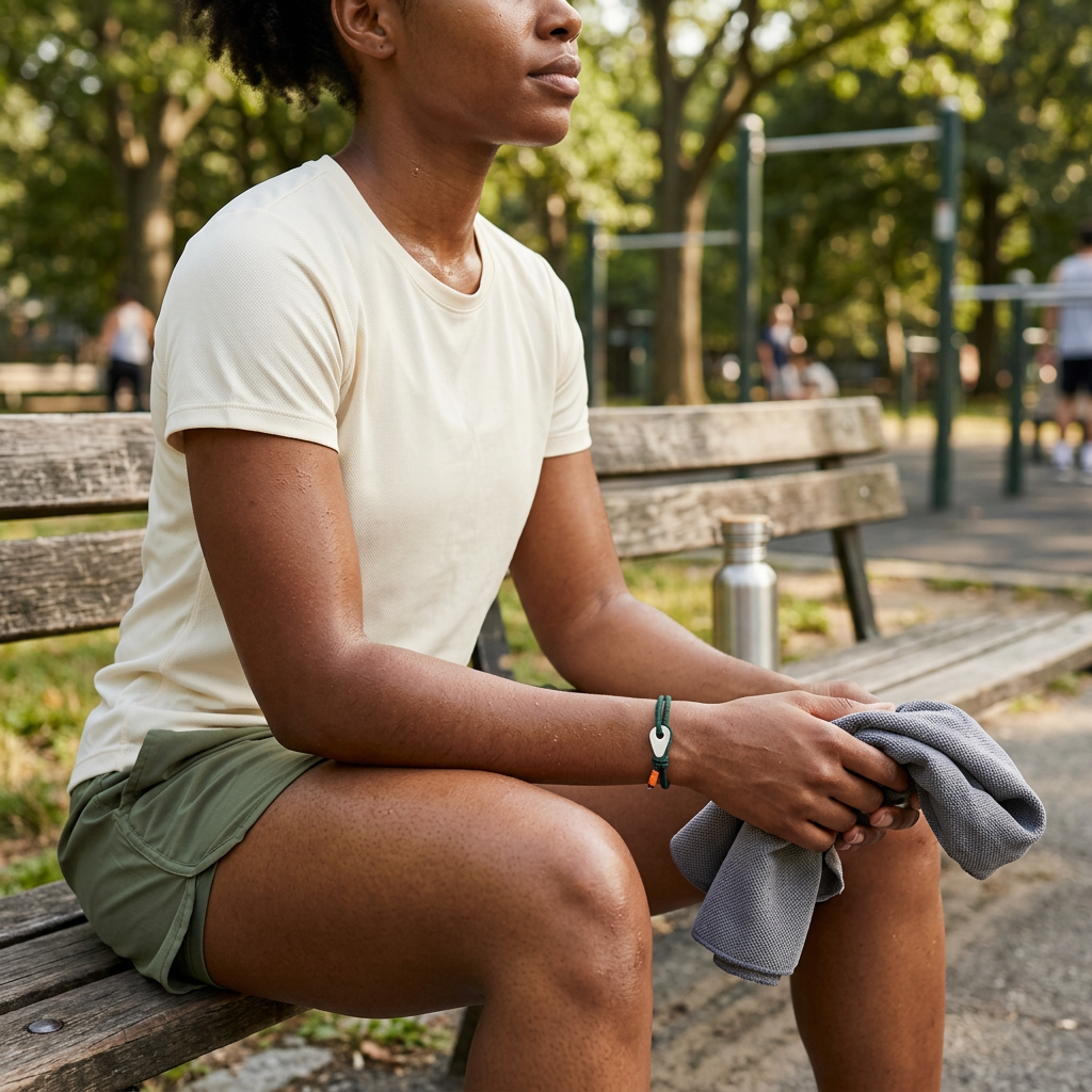 Pulsera verde con ropa de entrenamiento al aire libre