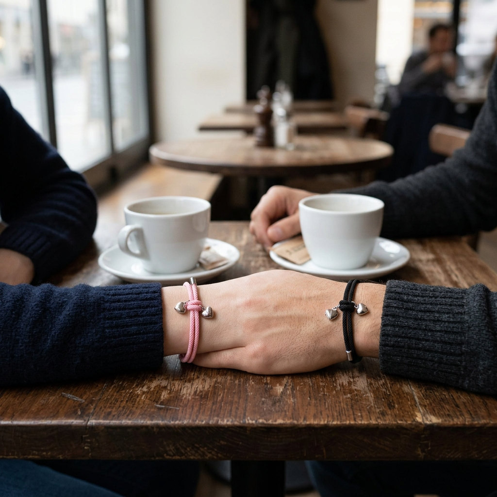 Pulseras de corazón rosa y negra durante un café