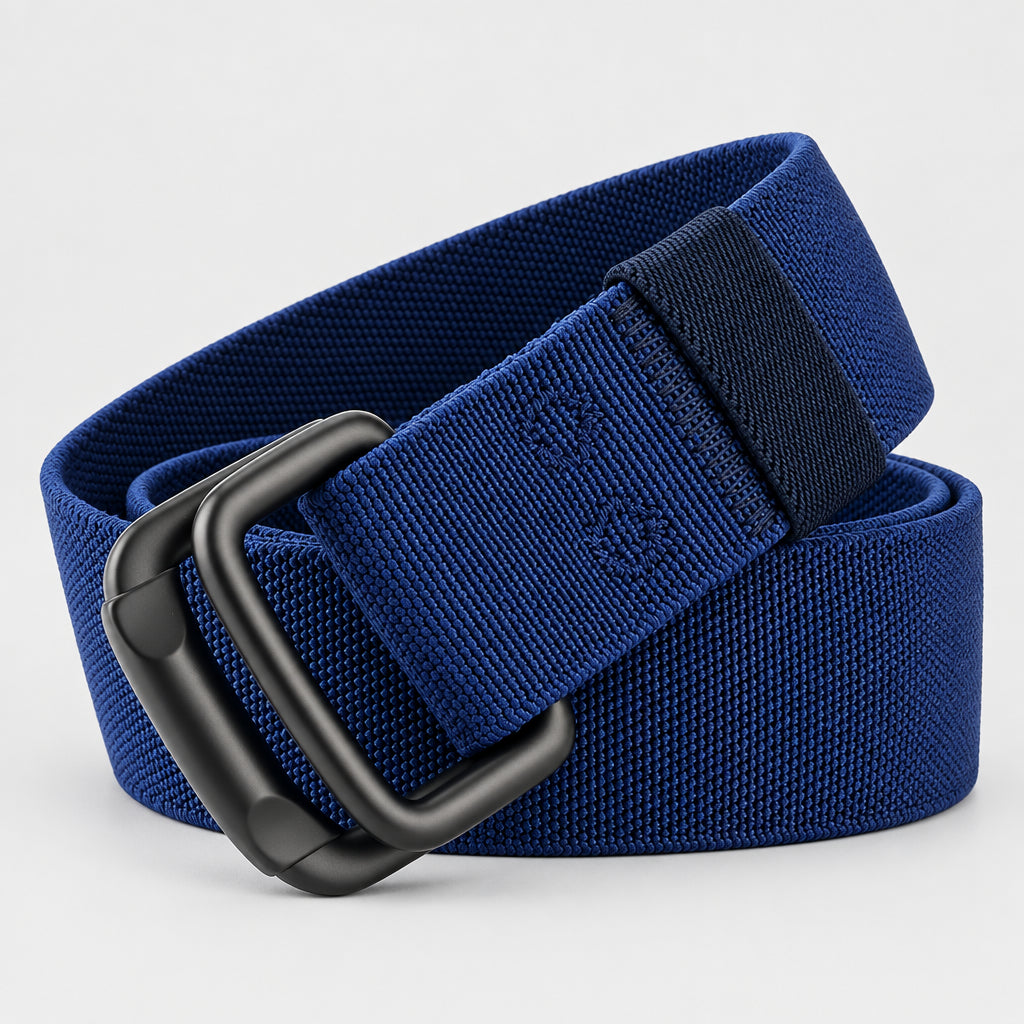 Blue belt with black buckle on a white background, featuring the brand 'MaiKun'.