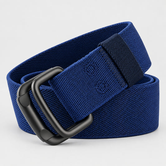Blue belt with black buckle on a white background, featuring the brand 'MaiKun'.